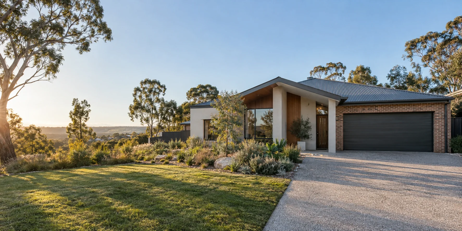 A finished Redgum Build home at sunrise