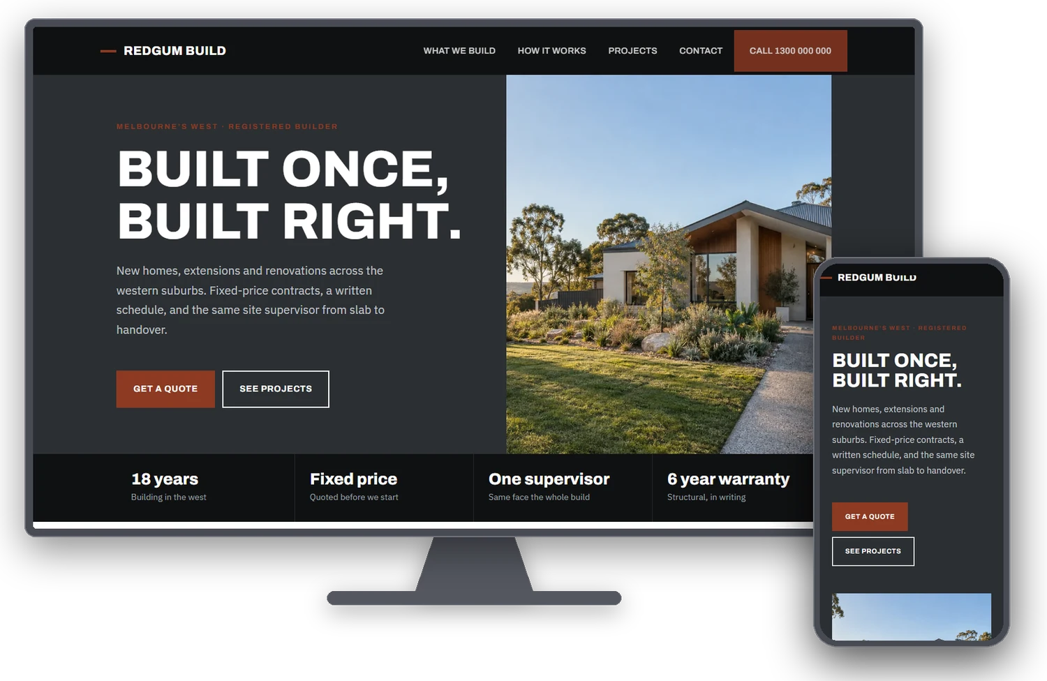 Redgum Build website shown on a desktop monitor and mobile phone