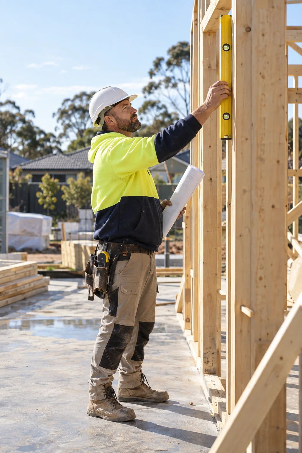 A Redgum Build supervisor on site with the plans