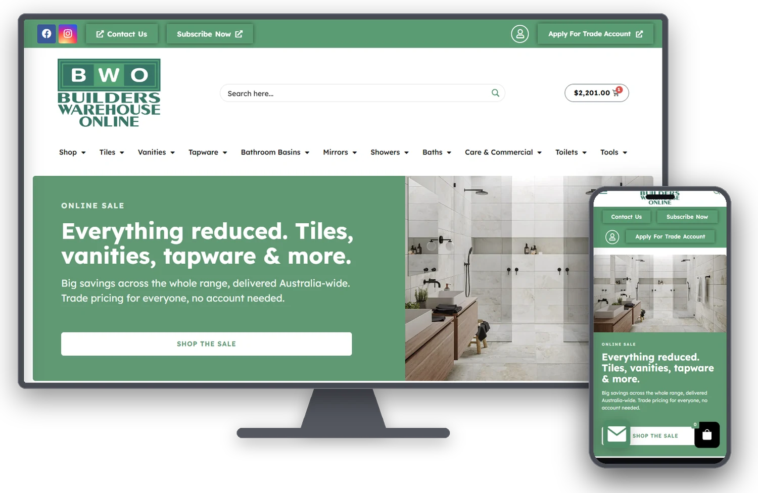 Builders Warehouse Online website shown on a desktop monitor and mobile phone
