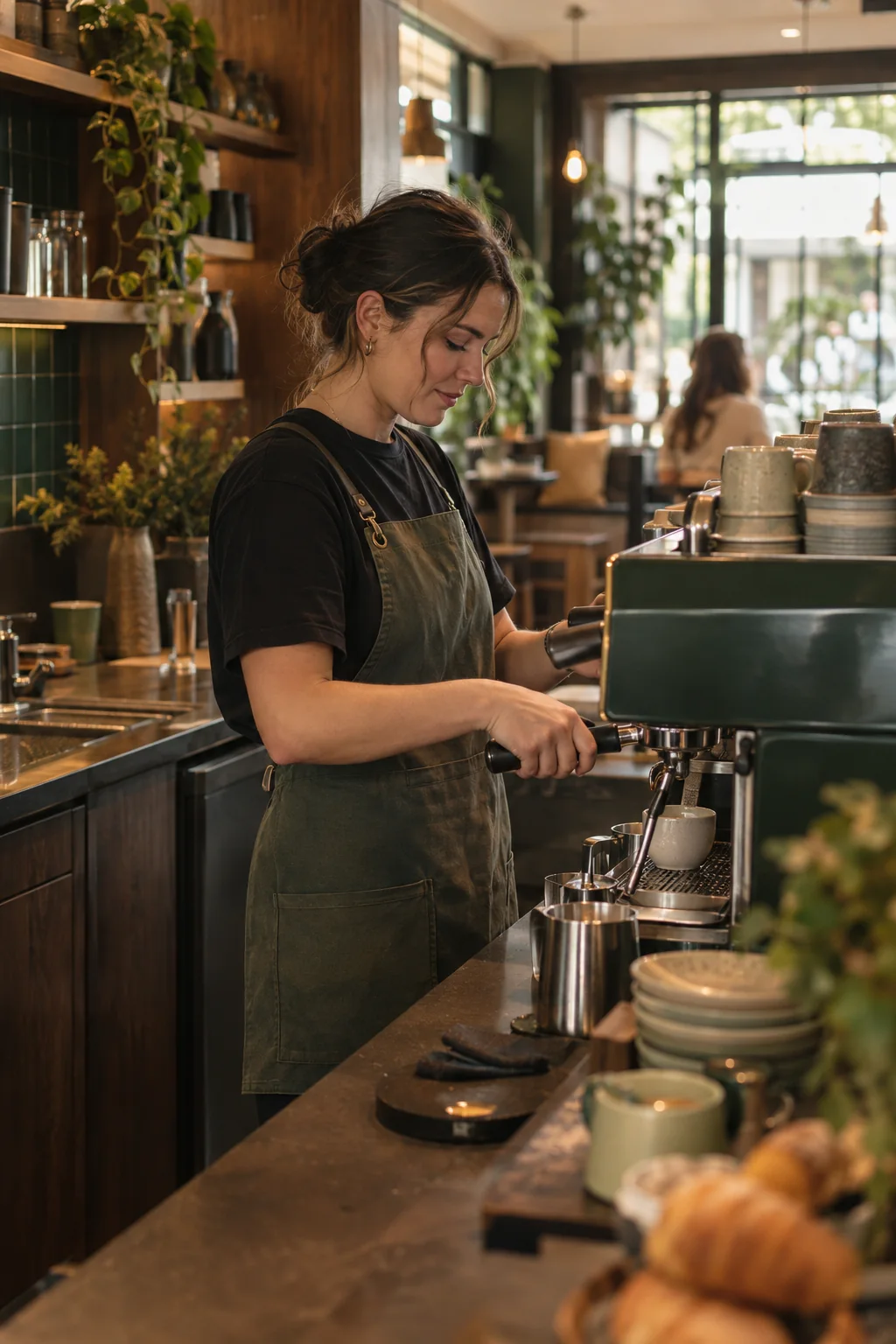 A barista working the espresso machine at Ember and Oat