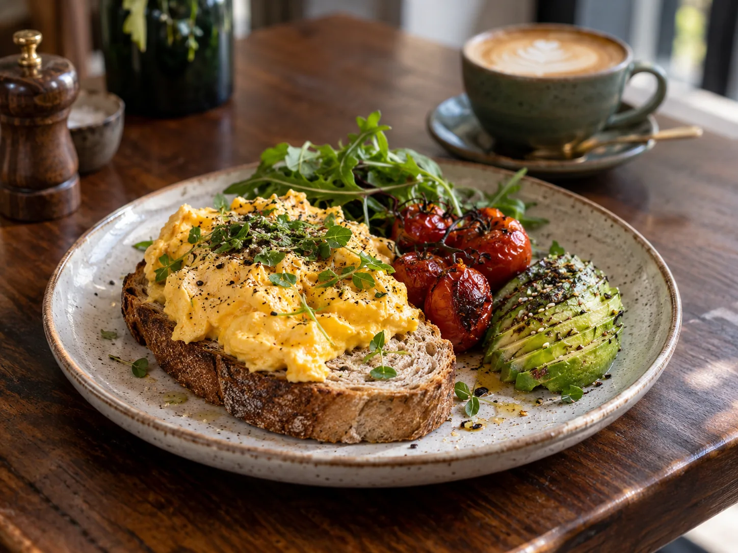 Scrambled eggs on sourdough with a coffee