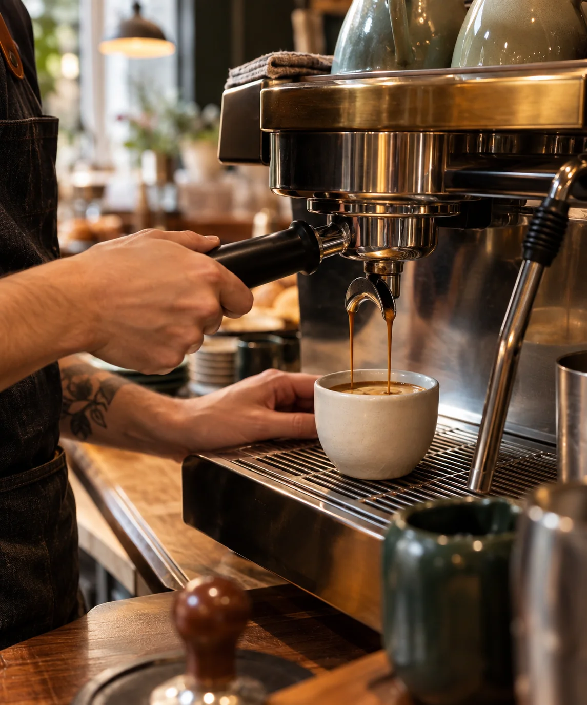 An espresso pouring into a cup