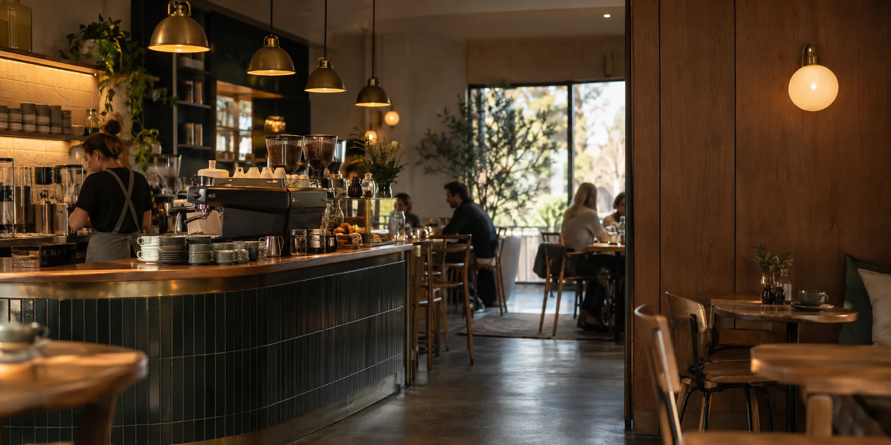 Inside Ember and Oat, the counter and dining room in the morning