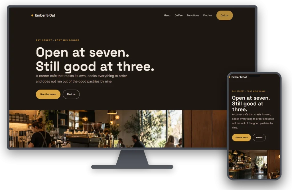 Cafe website design shown on a desktop monitor and mobile phone