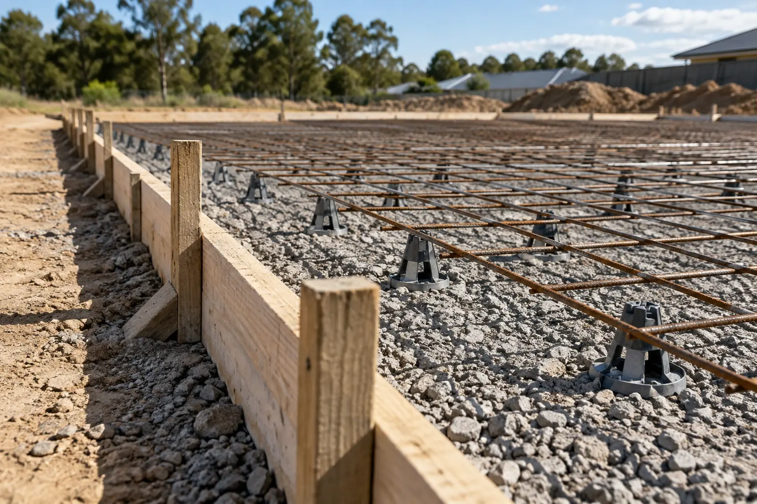 Formwork and reinforcing mesh set before a pour