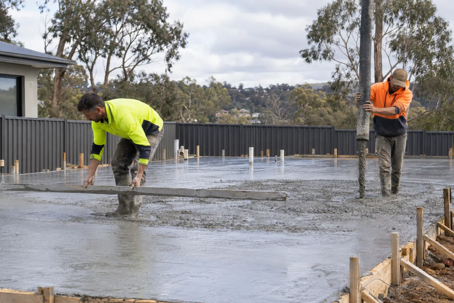 A concrete slab being poured and screeded
