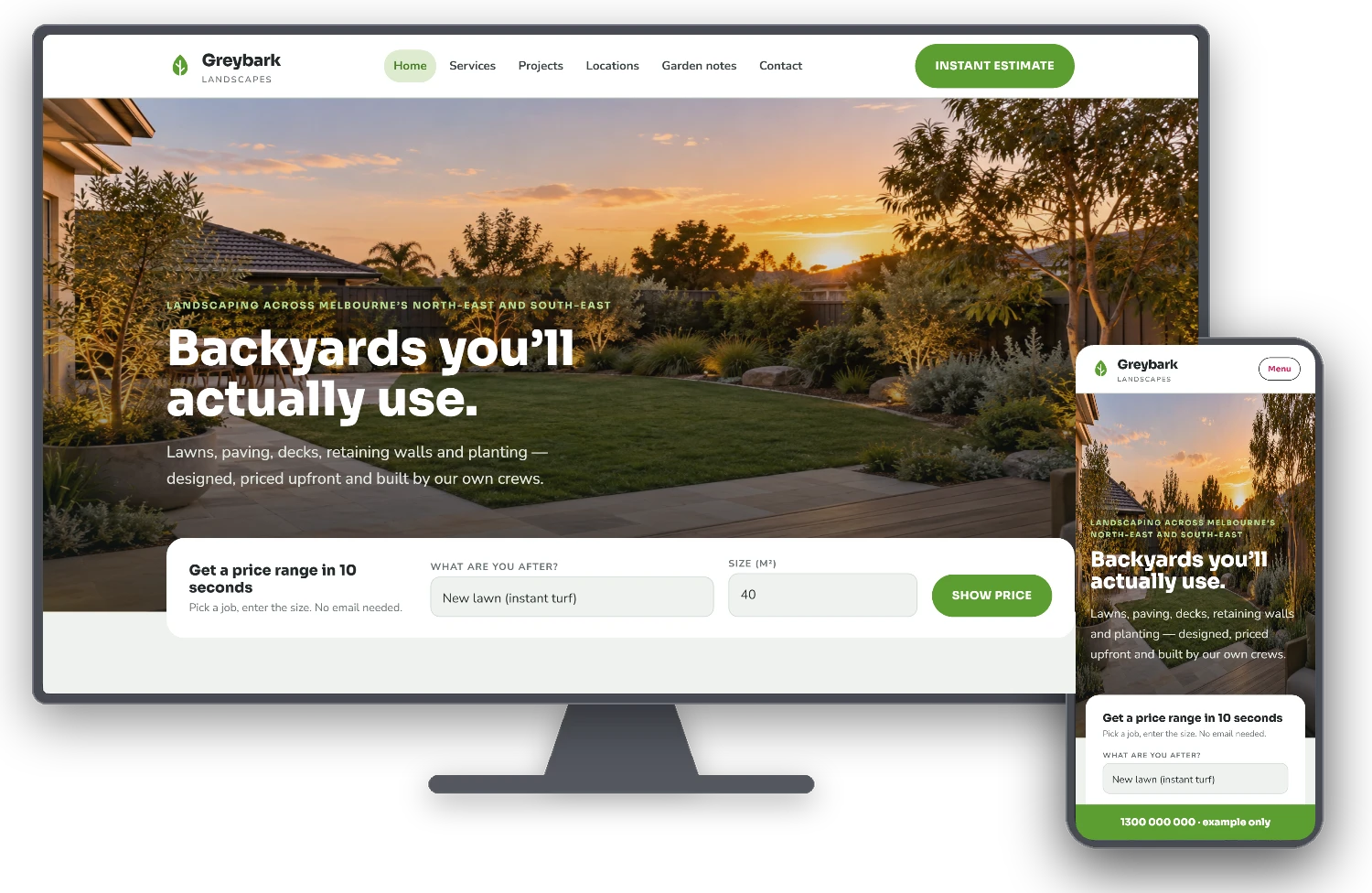 Greybark Landscapes example website shown on a desktop monitor and a phone