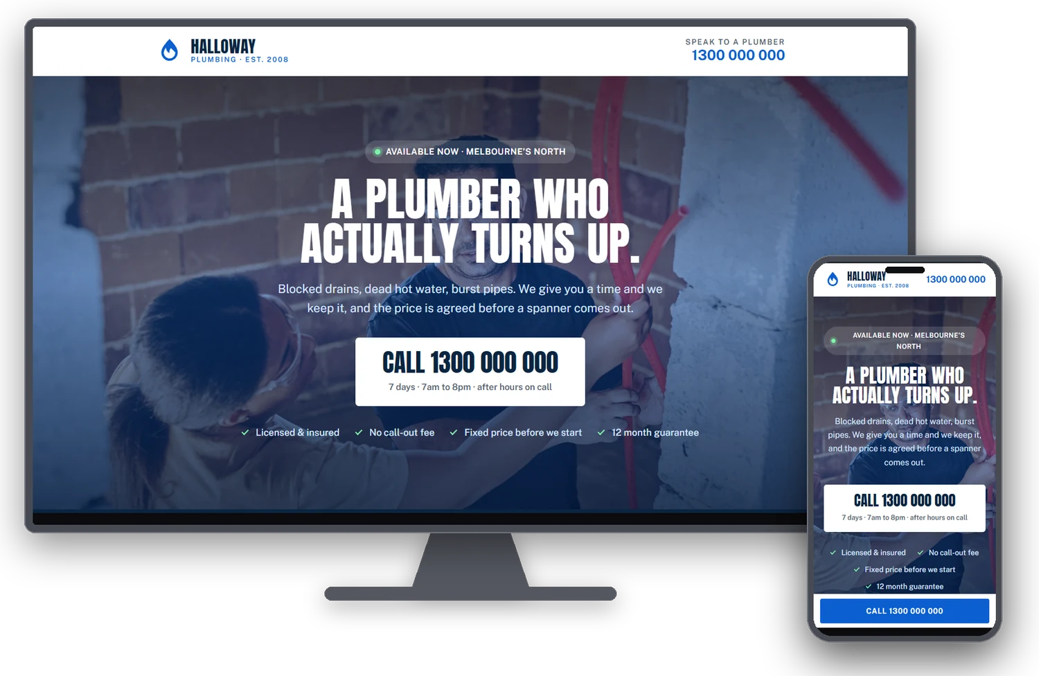 Halloway Plumbing website shown on a desktop monitor and mobile phone