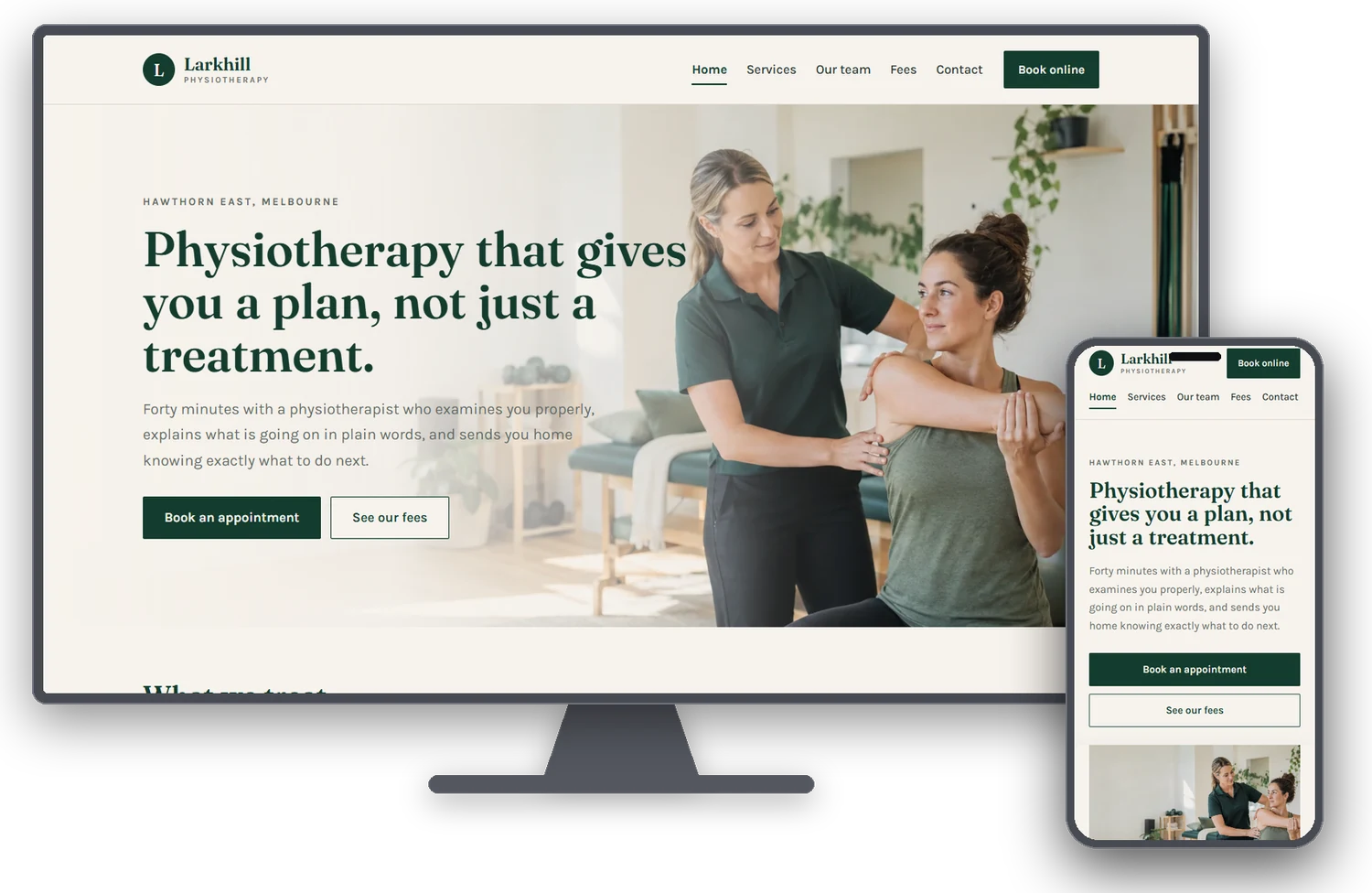 Larkhill Physiotherapy website shown on a desktop monitor and mobile phone