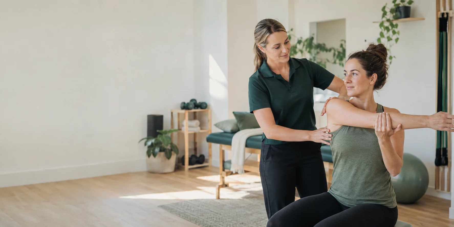 Physiotherapist guiding a patient through a shoulder stretch at Larkhill Physiotherapy