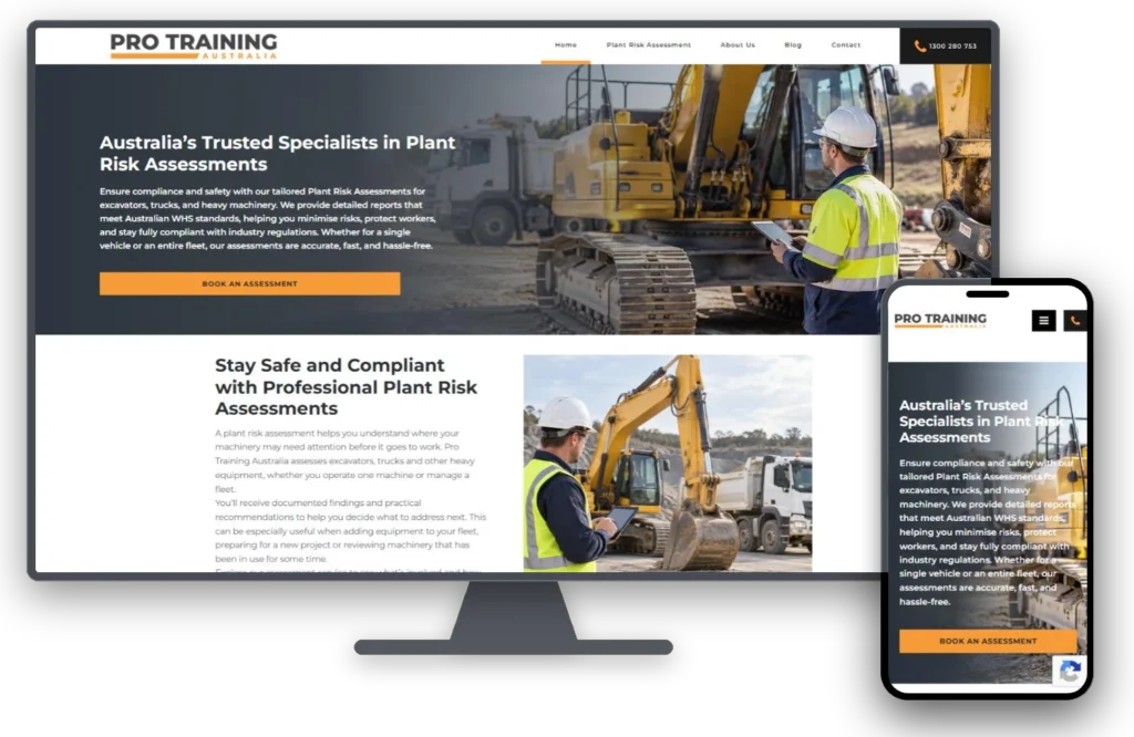 Pro Training Australia website shown on a desktop monitor and mobile phone