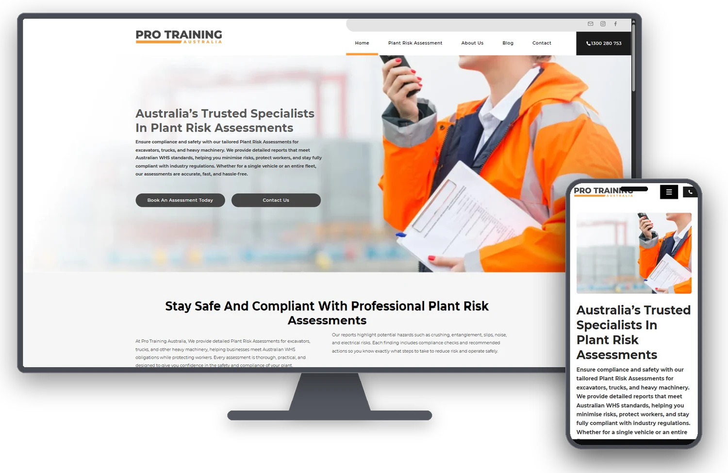 Pro Training Australia website shown on a desktop monitor and mobile phone