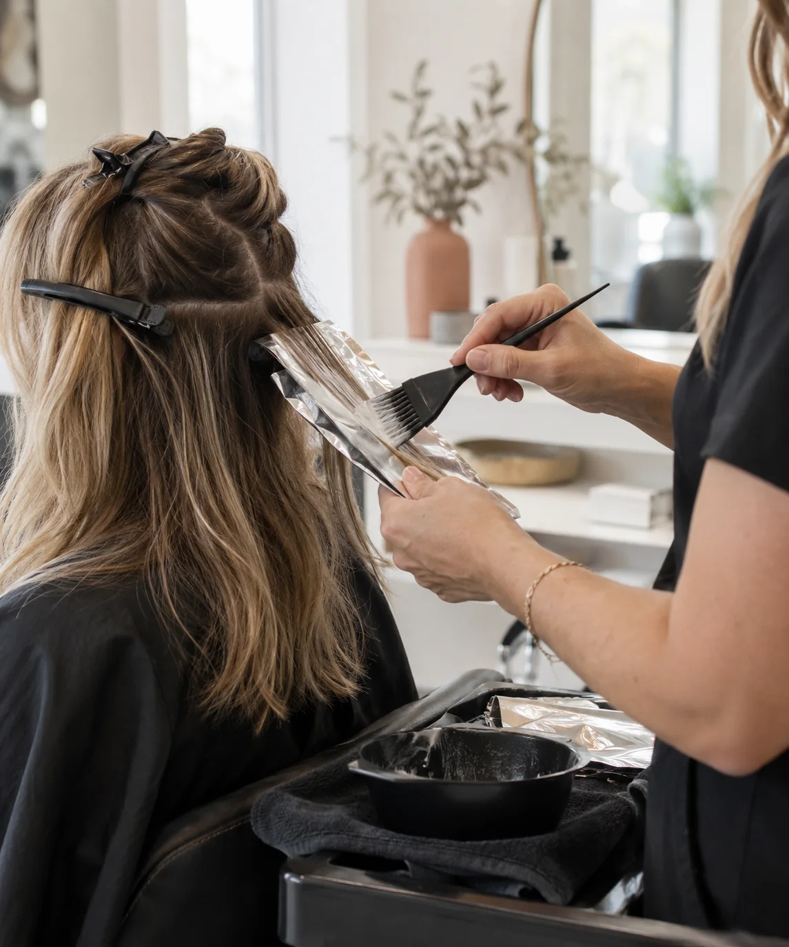 Foils being applied during a colour appointment