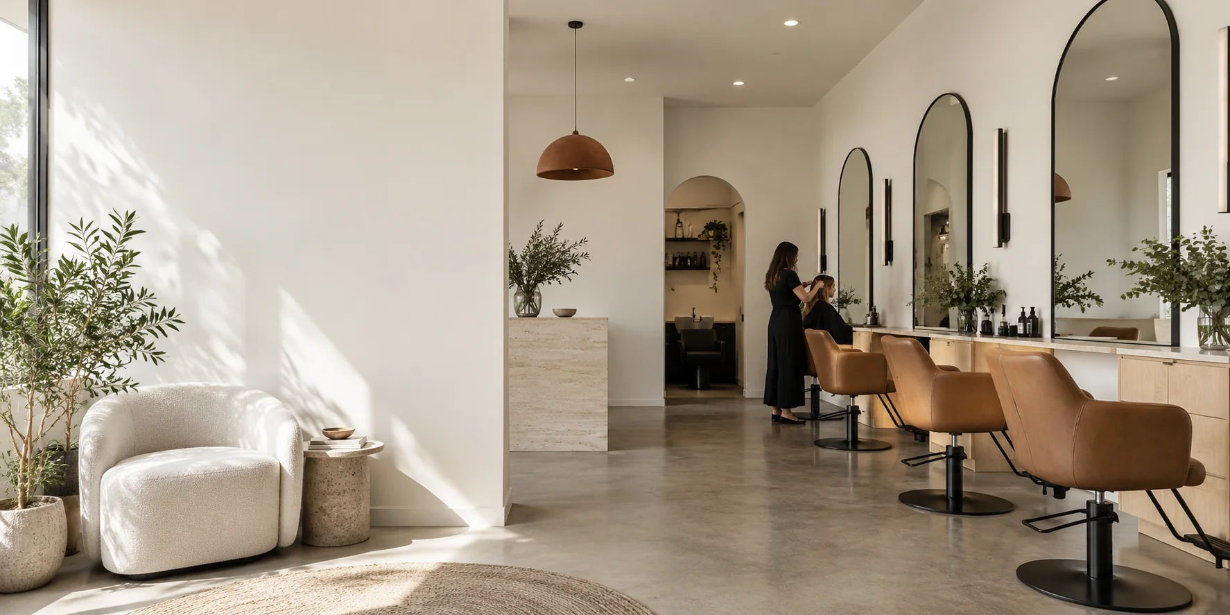 The Marlow and Grace salon floor, styling chairs and mirrors in daylight