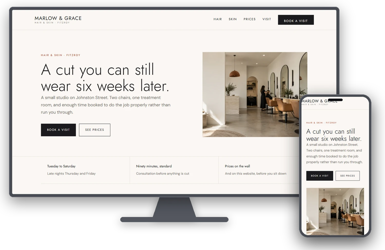 Marlow and Grace website shown on a desktop monitor and mobile phone