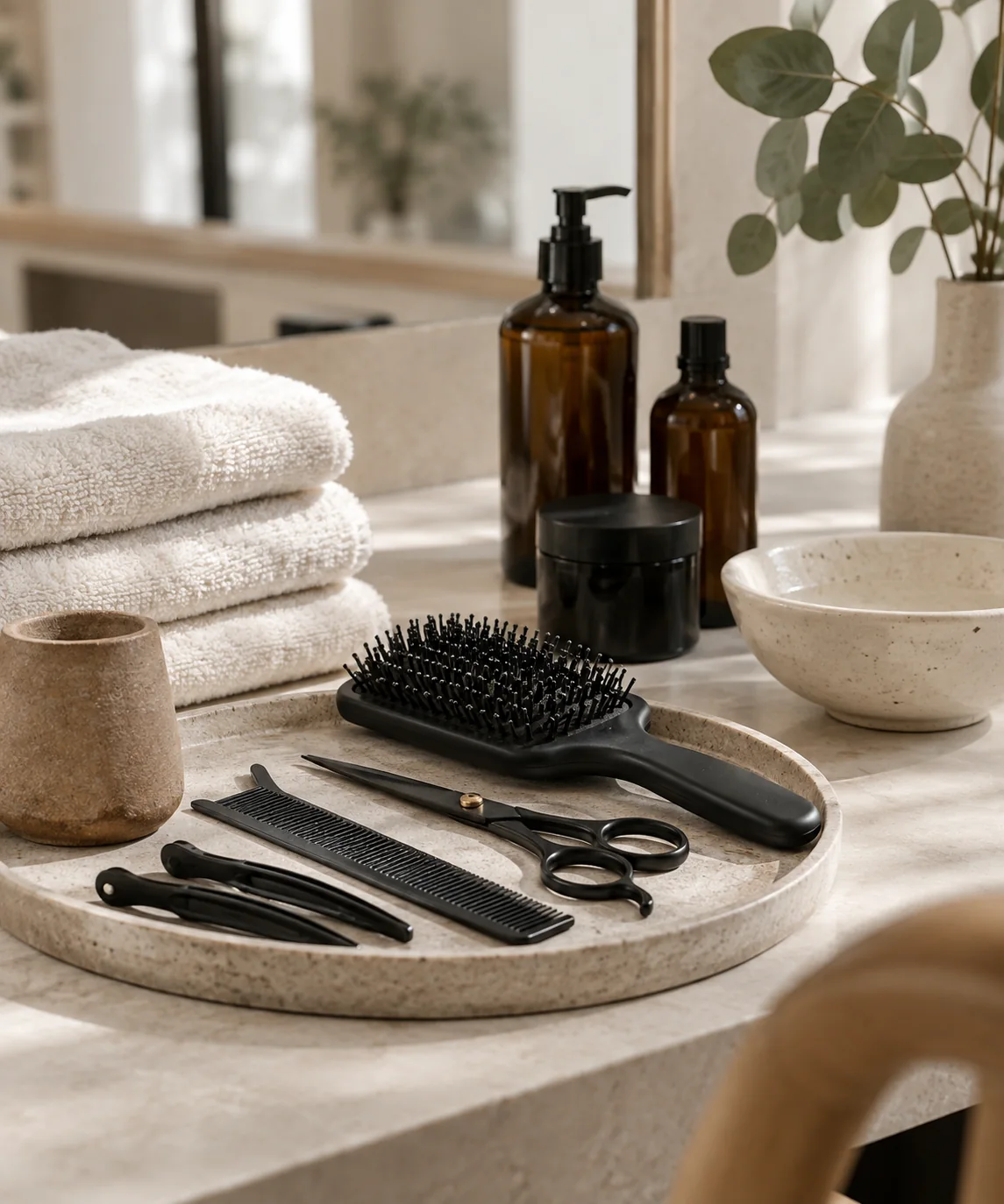 Brush, comb and scissors laid out on a styling station