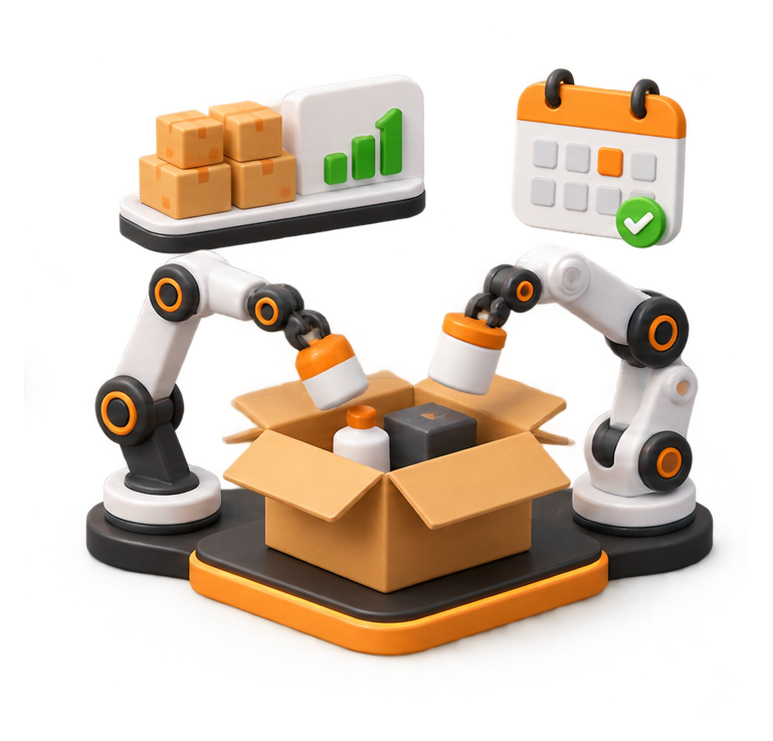 Robotic arms packing an online store order into a box