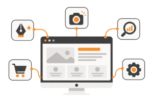 Website add-ons such as design, photography, SEO, online store tools and settings, connected to a website