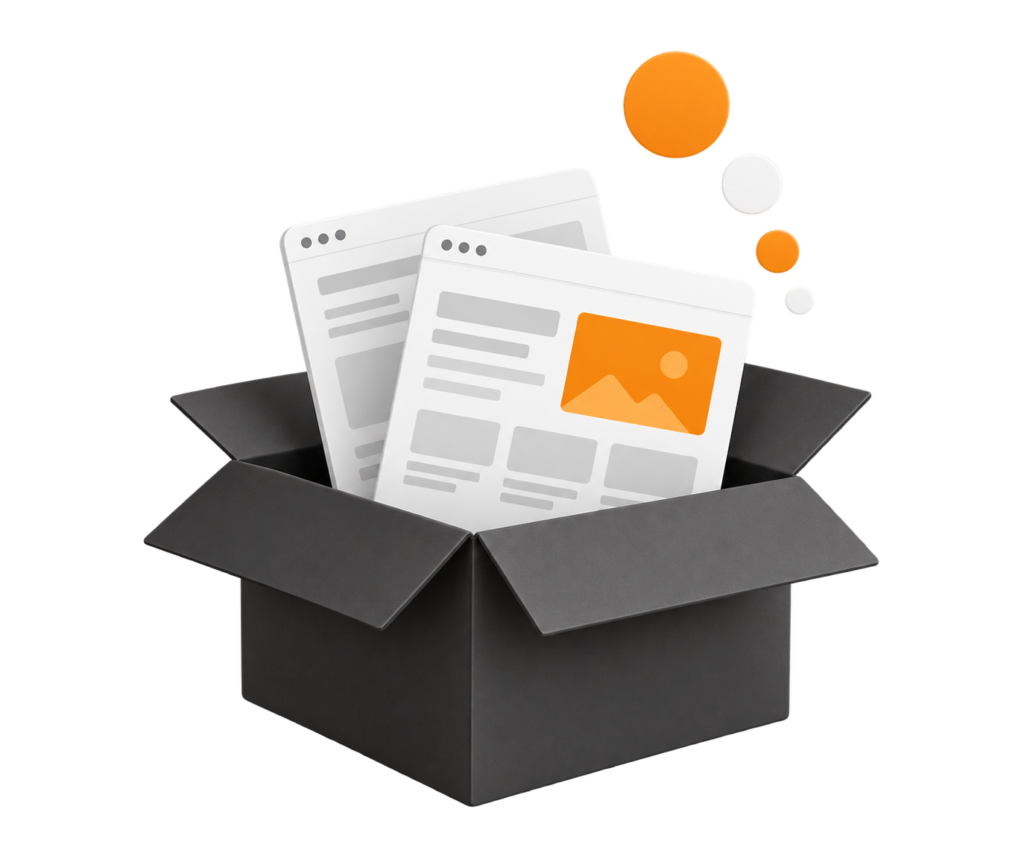 Website pages rising out of an open box, ready to launch