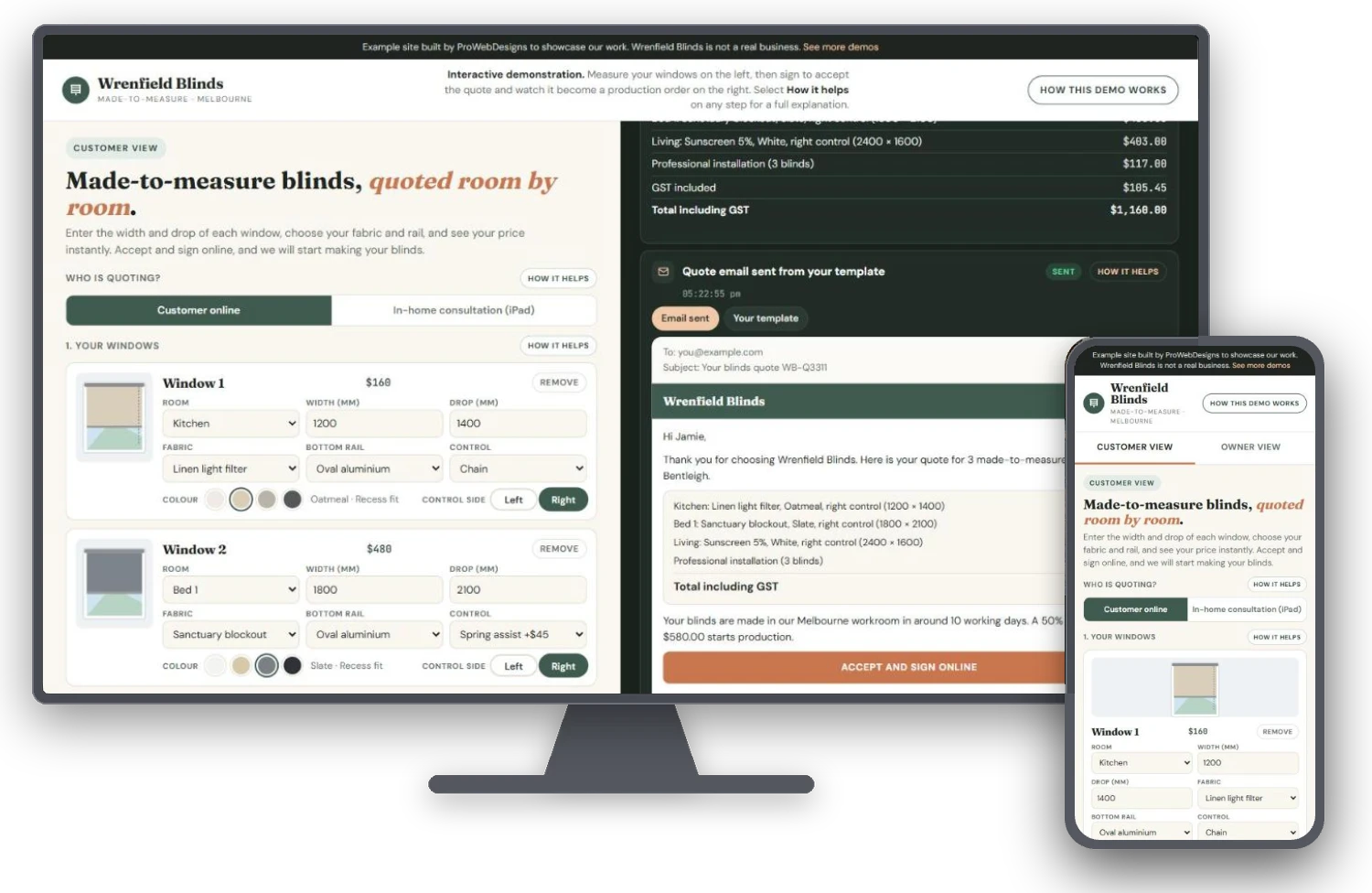 Wrenfield Blinds measure, quote and sign automation example