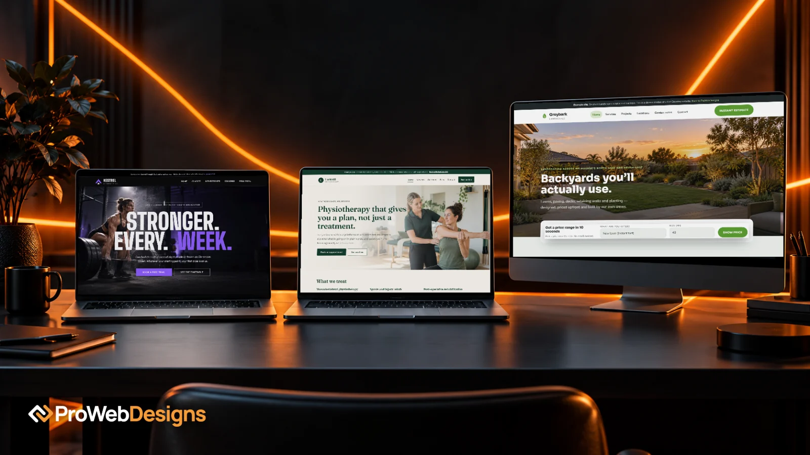 Three devices showing small business websites built by ProWebDesigns