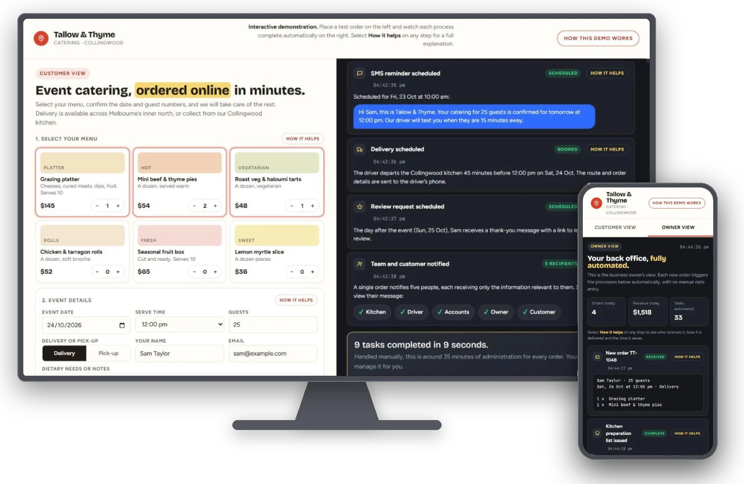 Tallow & Thyme Catering automation demo shown on a desktop monitor and a phone
