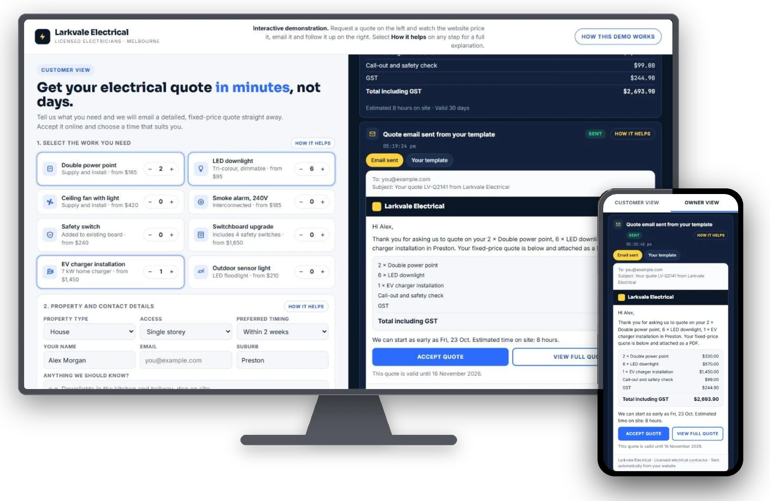 Larkvale Electrical quote automation example shown on a desktop monitor and mobile phone
