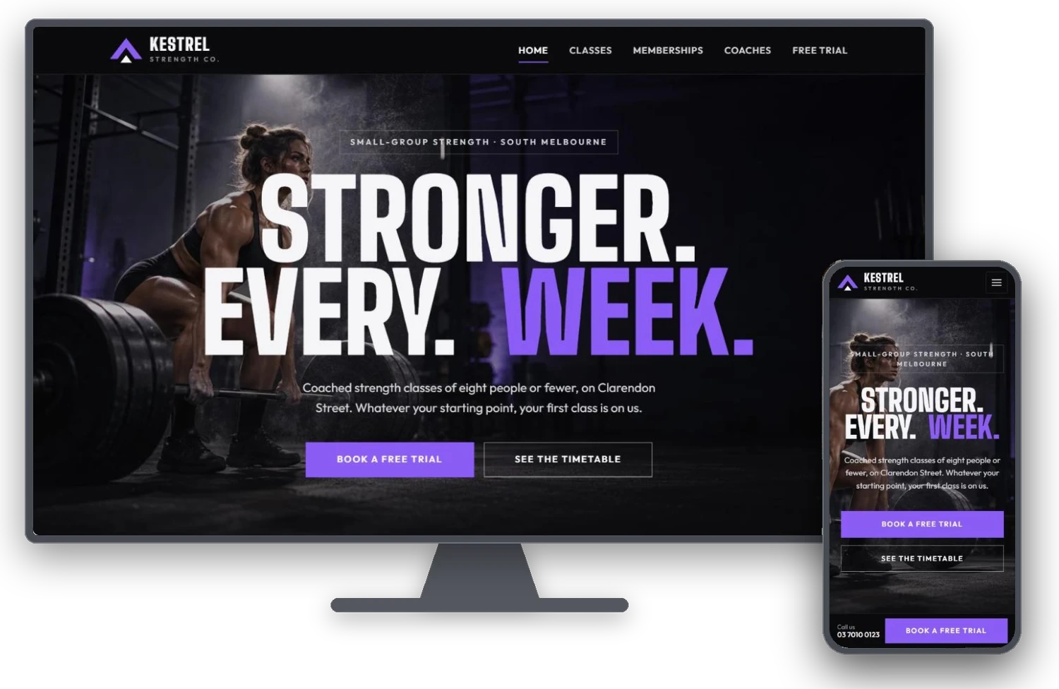 Kestrel Strength Co. example fitness website shown on a desktop monitor and a phone
