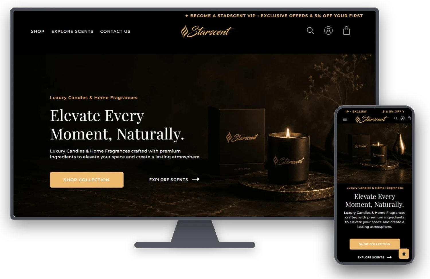 Starscent small business web design shown on a desktop monitor and a phone