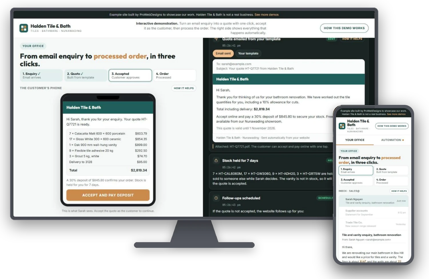 Halden Tile and Bath email enquiry to order automation example