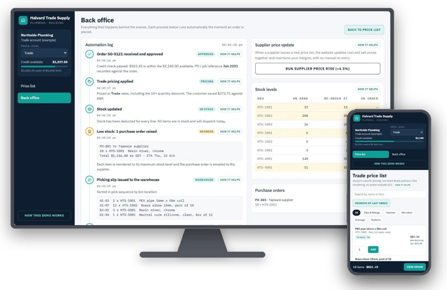 Halvard Trade Supply trade portal automation demo shown on a desktop monitor and a phone